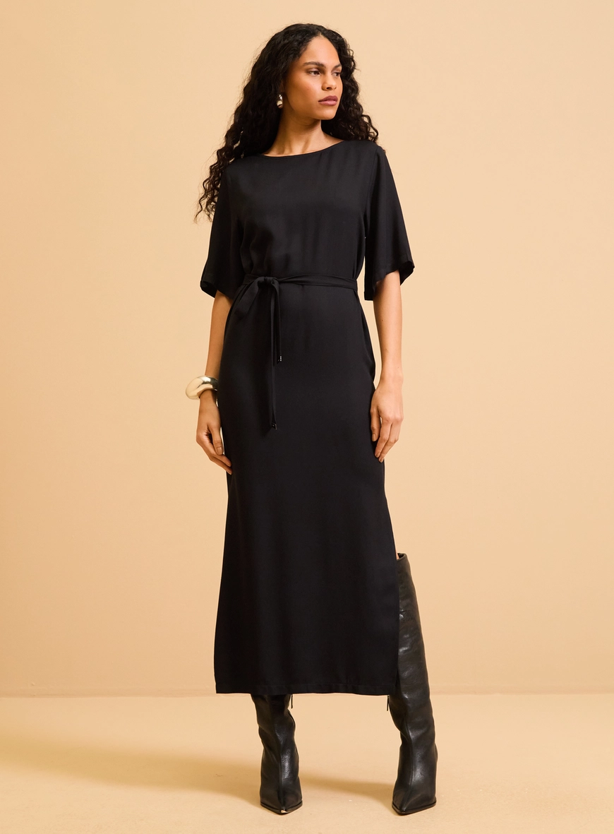 Vestido Midi Reto Com Amarração Preto