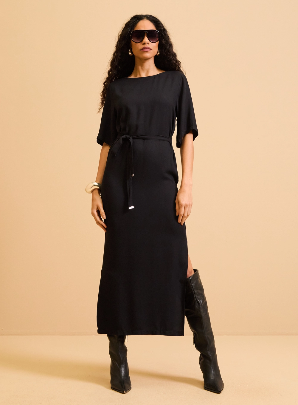 Vestido Midi Reto Com Amarração Preto 1
