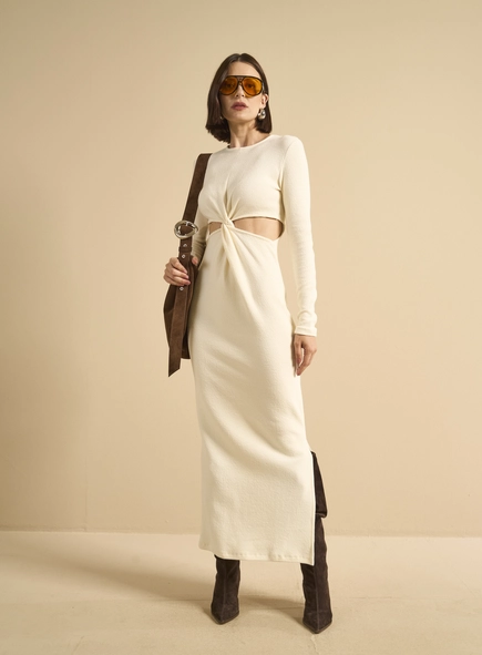Vestido Midi Canelado Com Torção