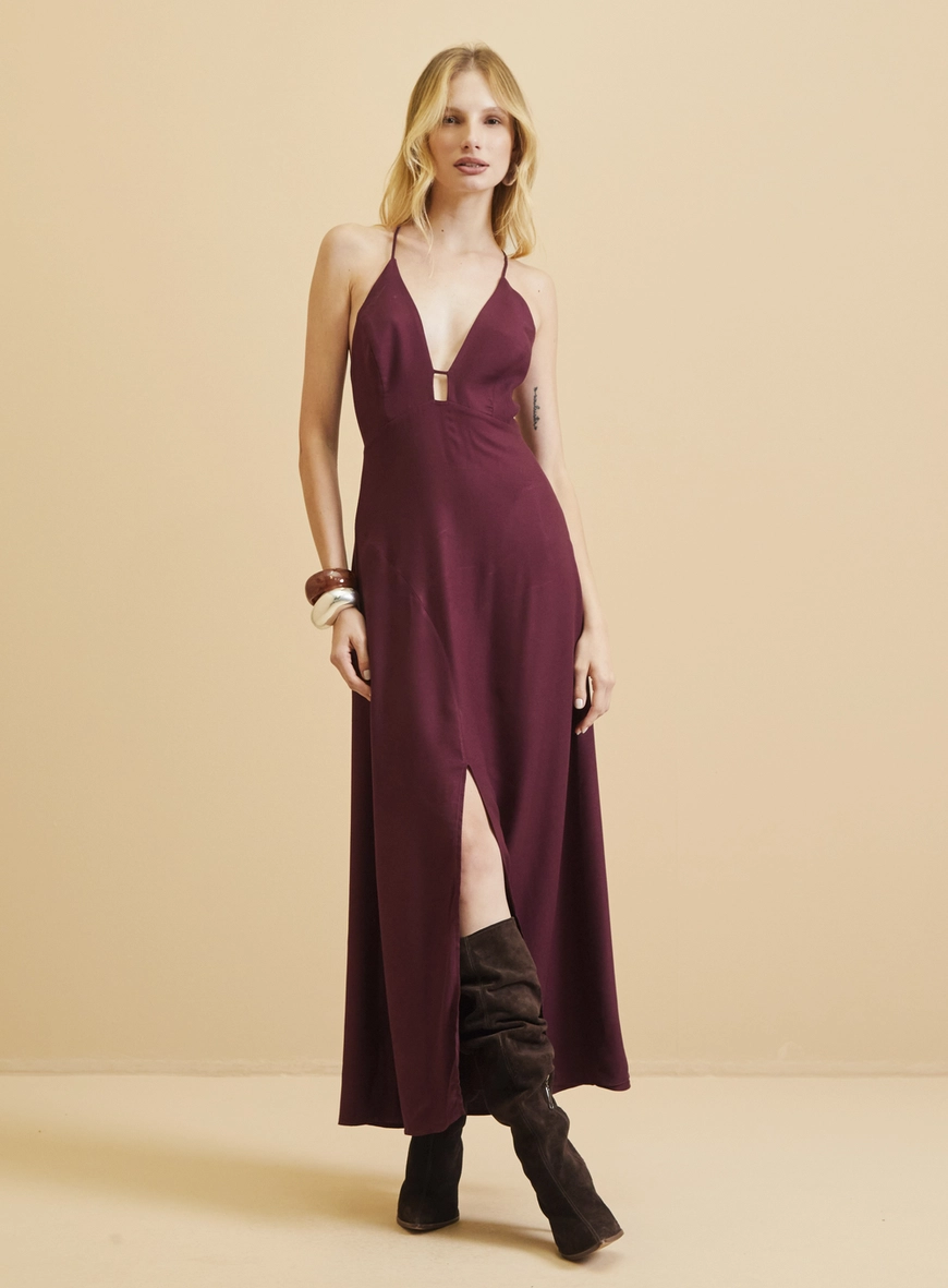 Vestido Midi Ajustado Com Fenda Bordô