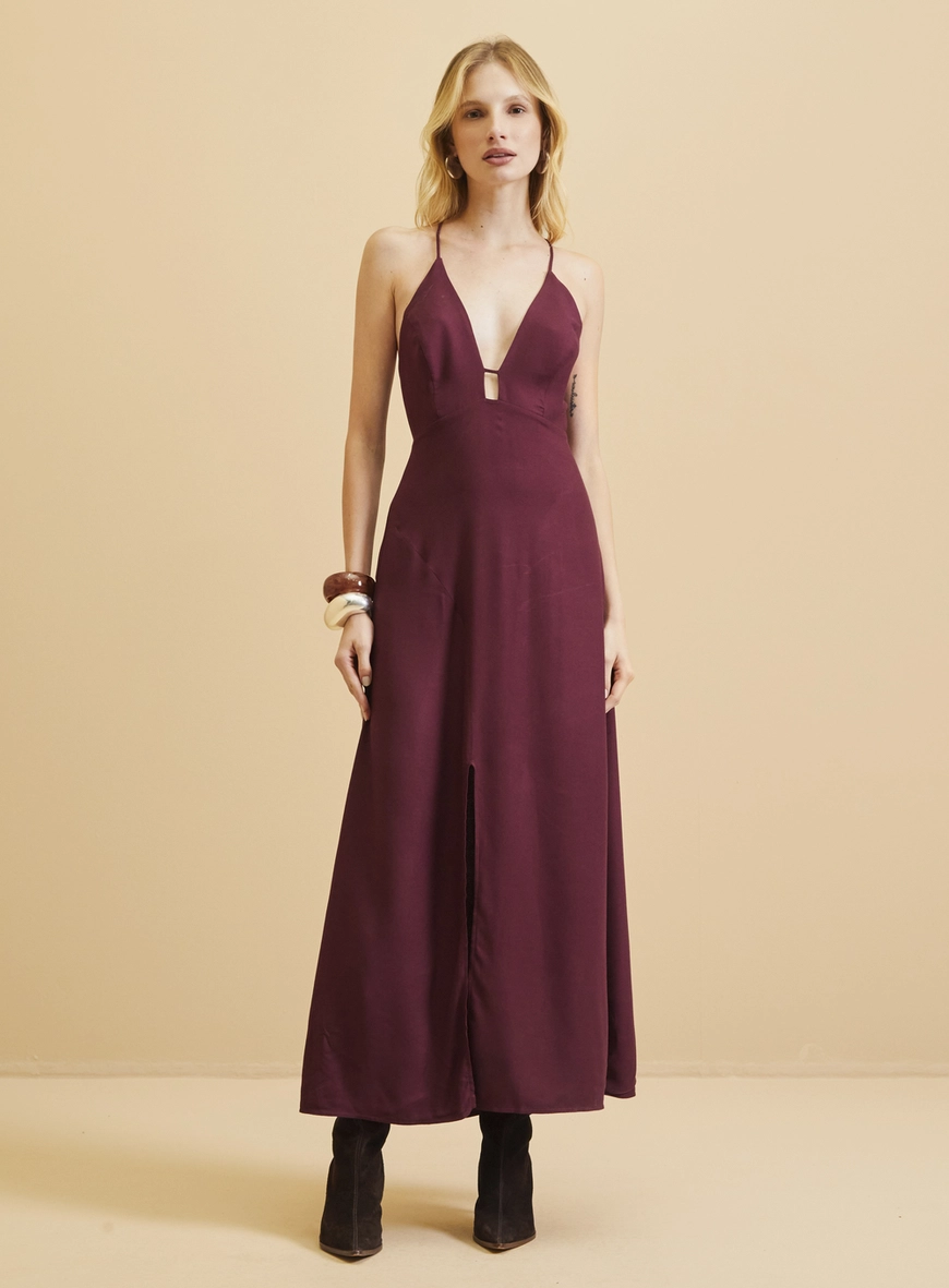 Vestido Midi Ajustado Com Fenda Bordô