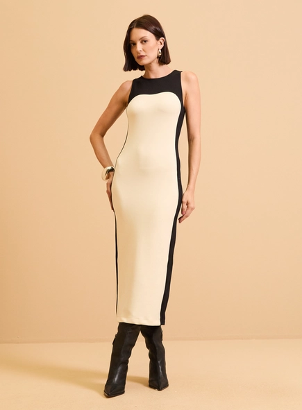 Vestido Midi Bicolor Texturizado
