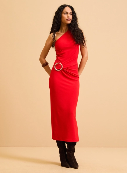 Vestido Midi Um Ombro Com Drapeado E Argola