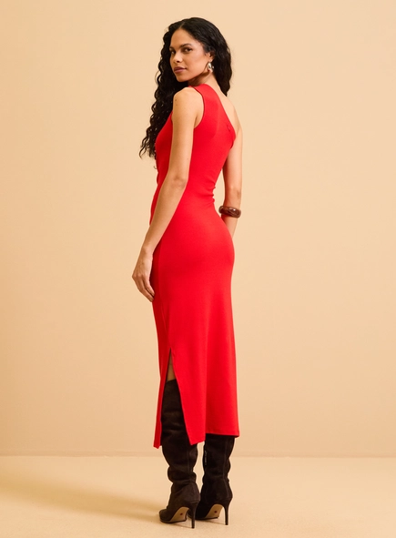 Vestido Midi Um Ombro Com Drapeado E Argola