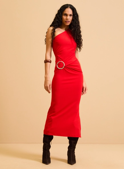 Vestido Midi Um Ombro Com Drapeado E Argola