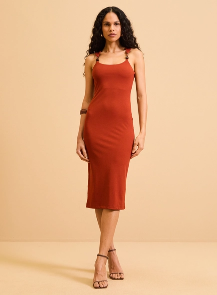 Vestido Midi Canelado Justo Detalhe Alça