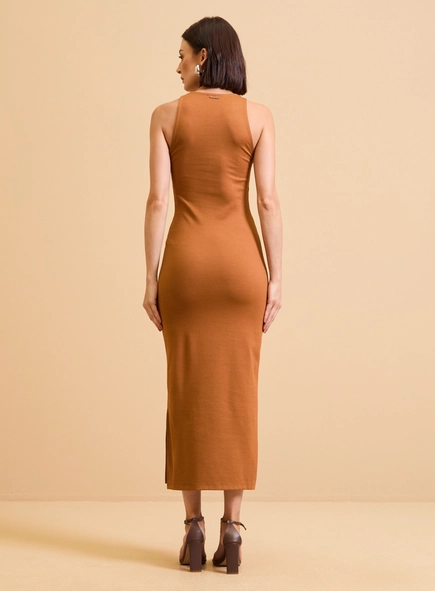 Vestido Midi Detalhe Em Pu Com Fenda