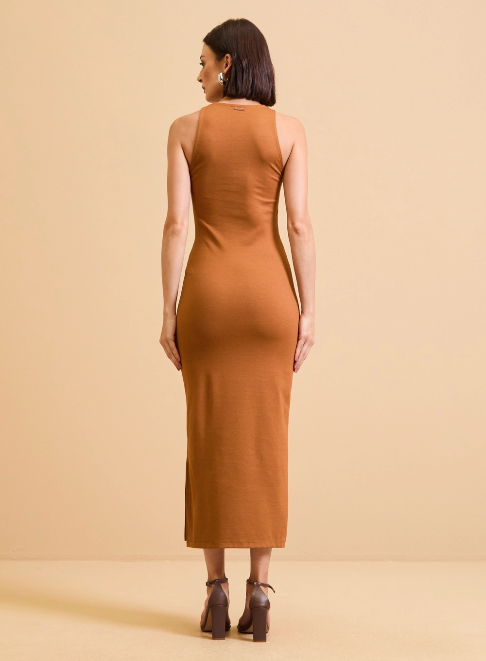 Vestido Midi Detalhe Em Pu Com Fenda Marrom 2