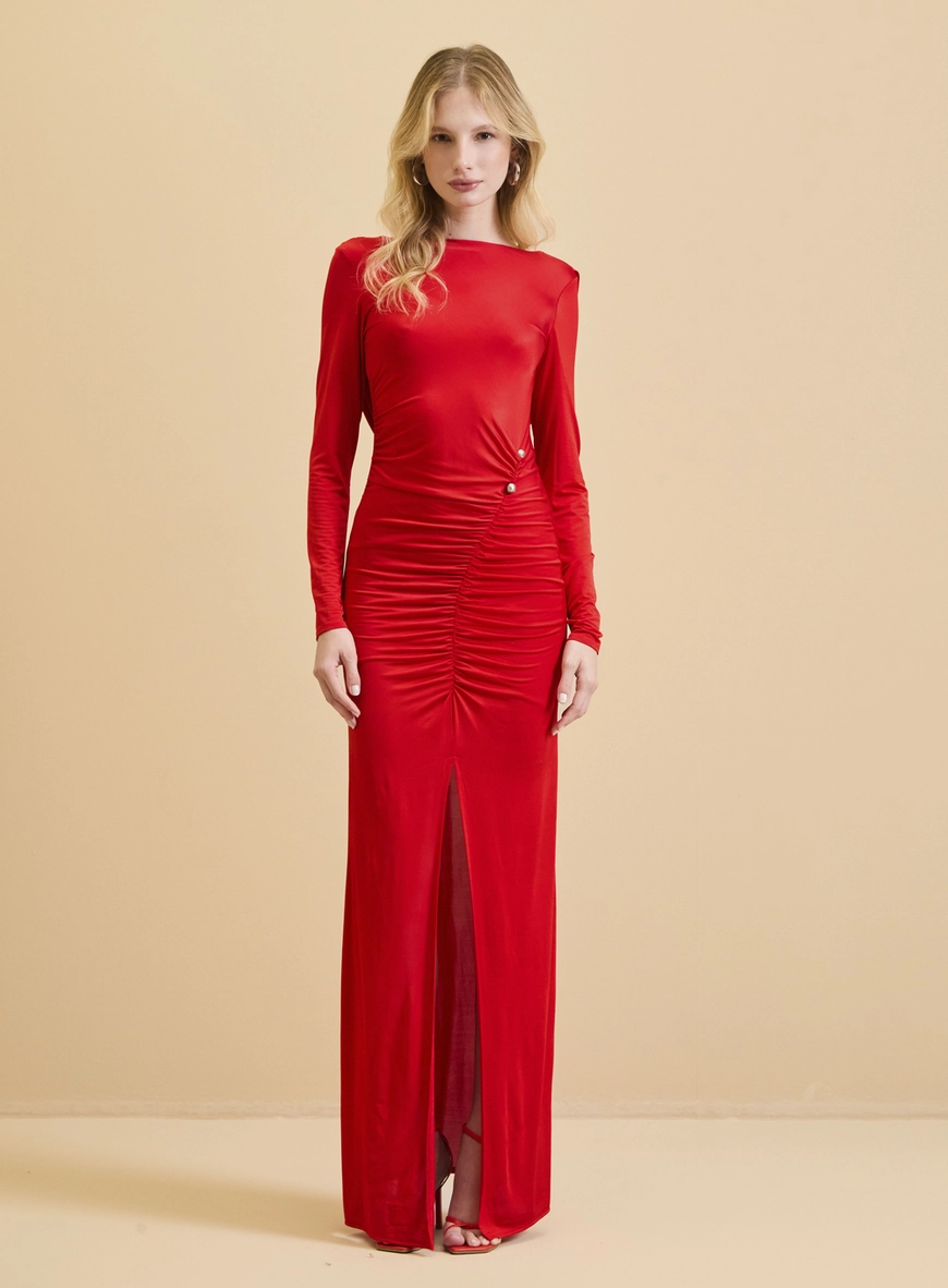 Vestido Longo Drapeado Com Costas Degagê Vermelho