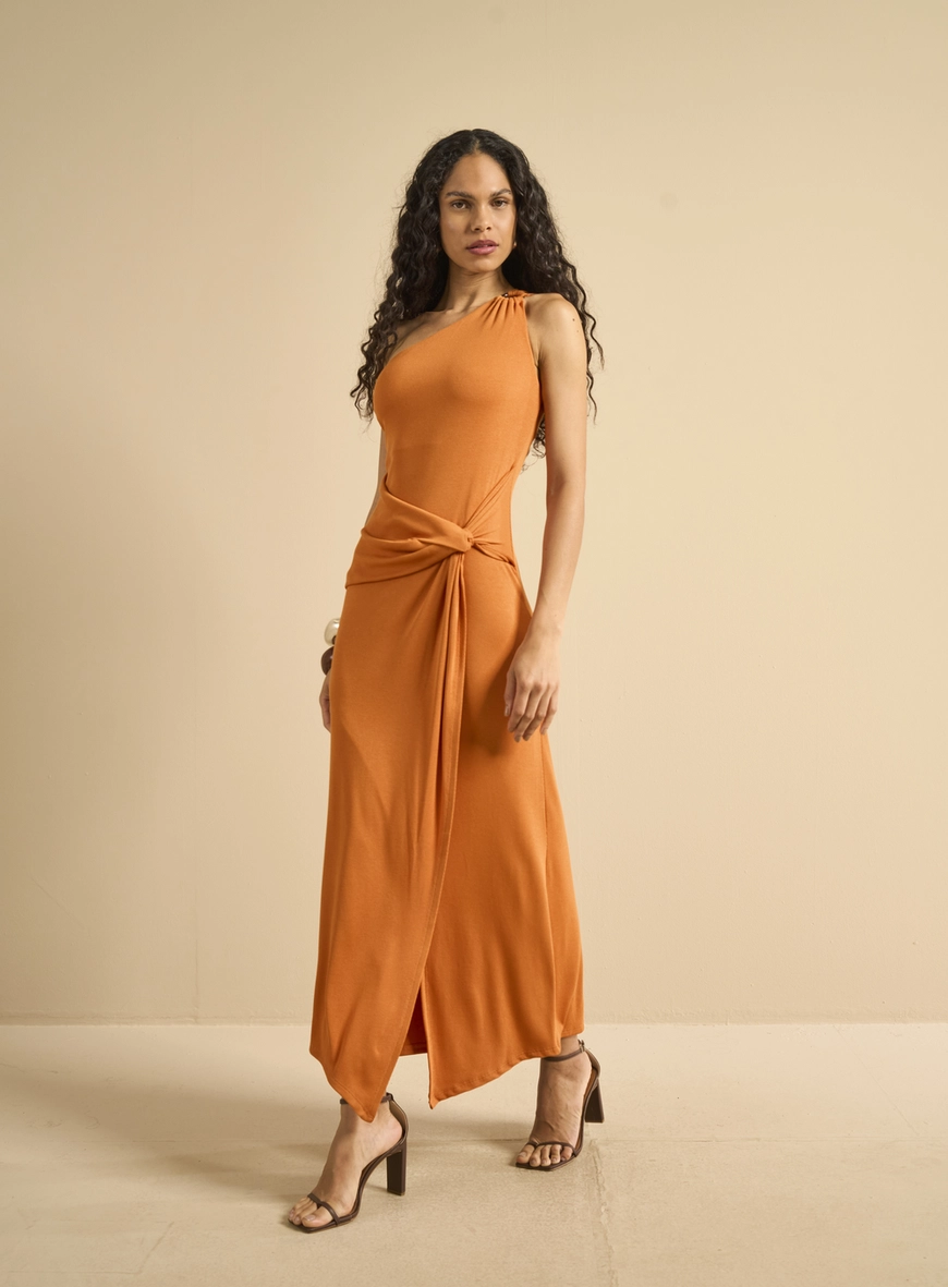 Vestido Longo Um Ombro Com Transpasse Laranja
