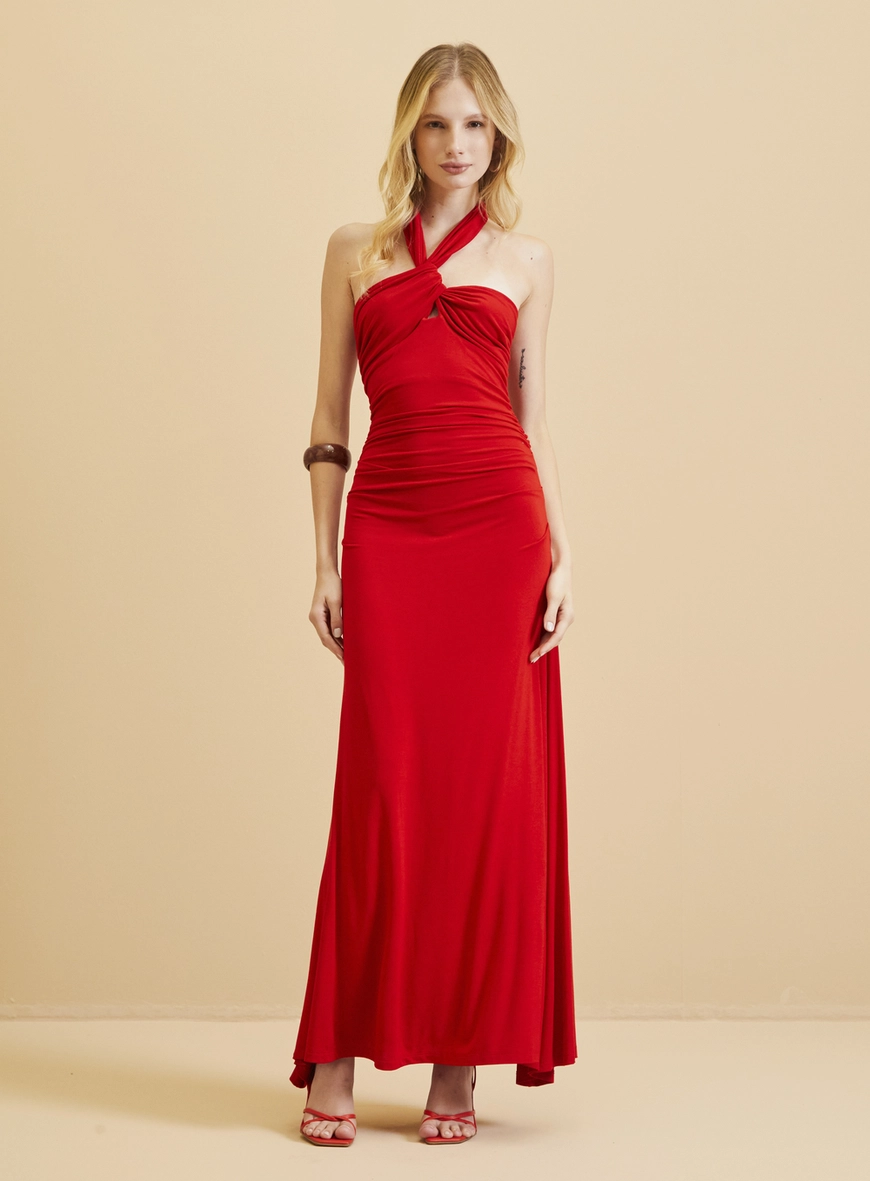 Vestido Longo Halter Com Drapeado Vermelho