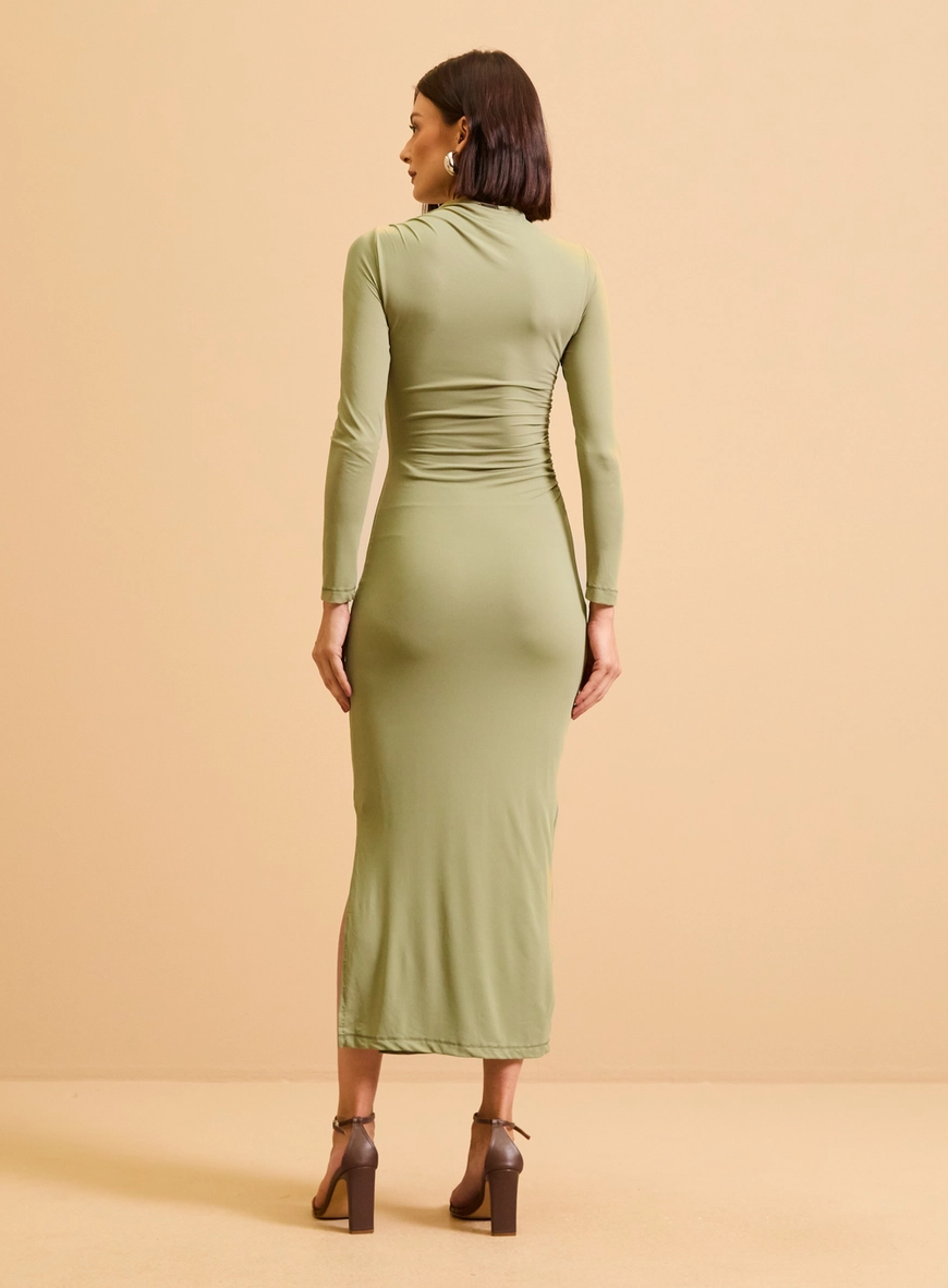 Vestido Midi Manga Longa Gola Japonesa Bege
