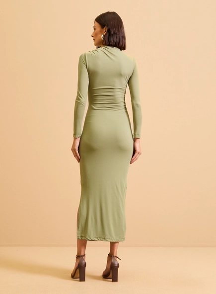Vestido Midi Manga Longa Gola Japonesa