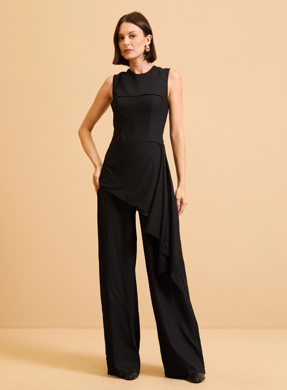 Macacão Reto Wide Leg Com Sobreposição Preto 3