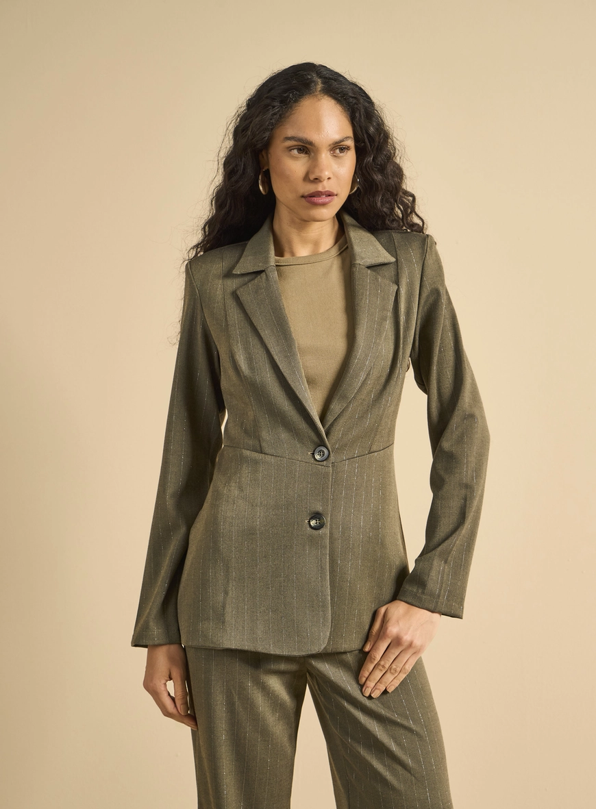Blazer Alfaiataria Feminino Metalizado Listrado Estampados