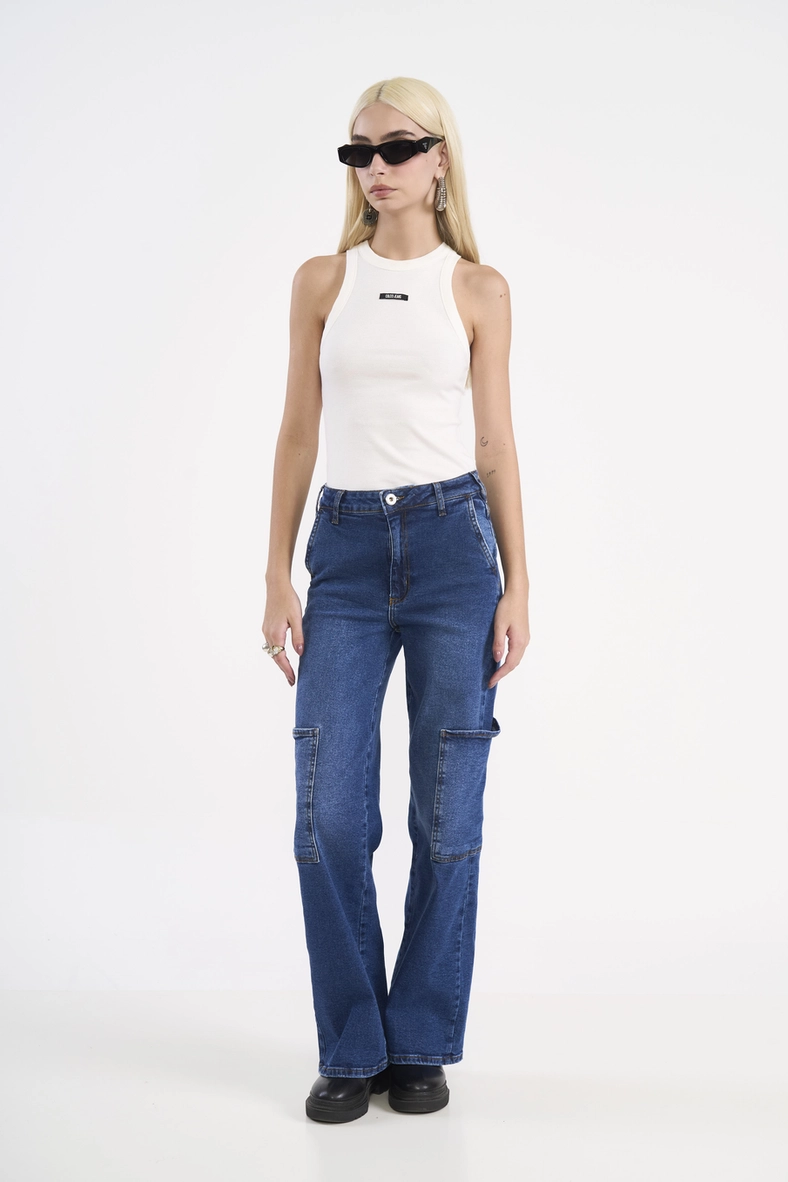 Calça Jeans Wide Leg Cargo Berlim