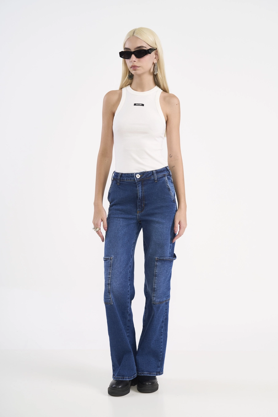 Calça Jeans Wide Leg Cargo Berlim Índigo