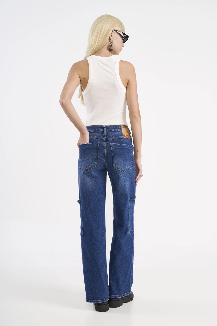 Calça Jeans Wide Leg Cargo Berlim Índigo