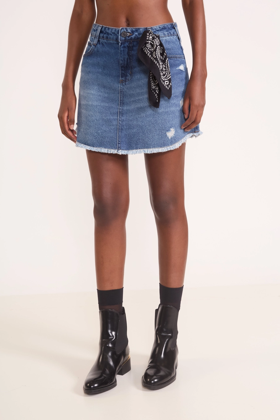 Saia Jeans Mini Com Bandana Índigo