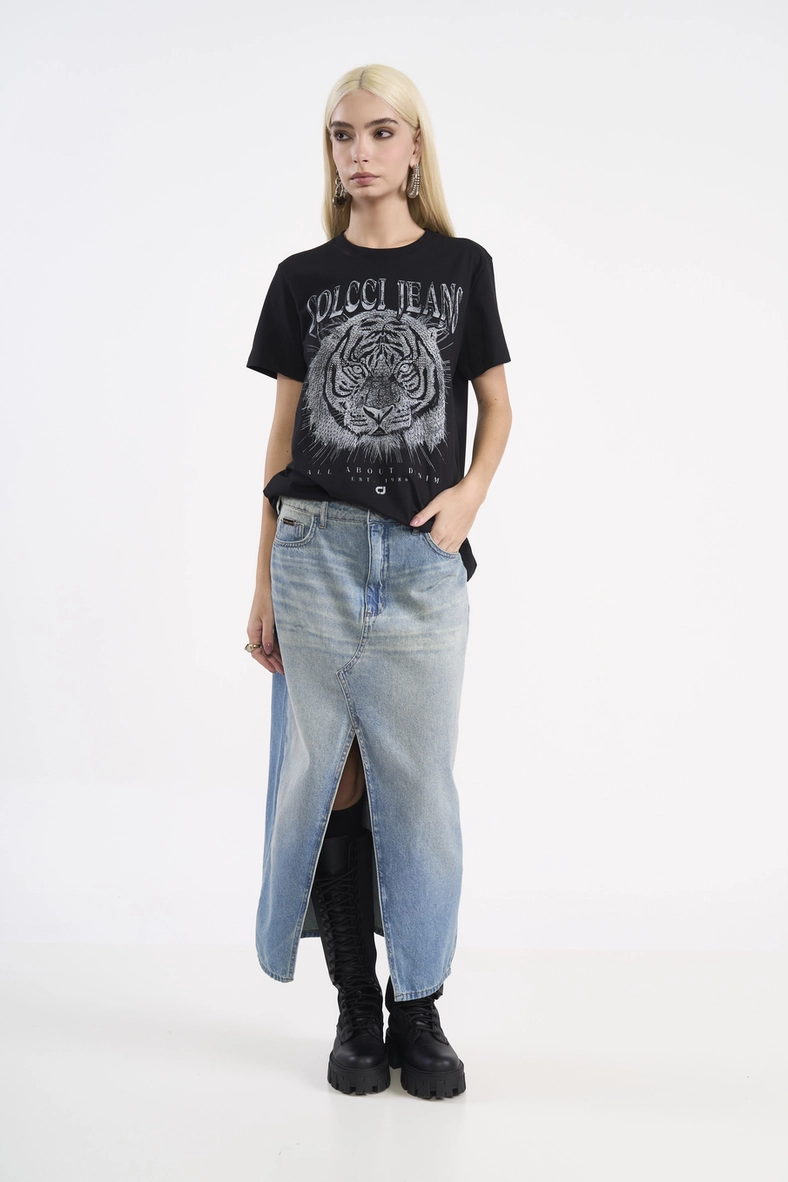 Saia Jeans Longa Assimétrica