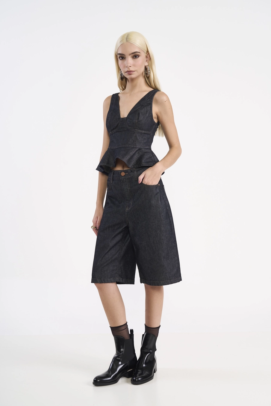Blusa Peplum Em Denim Dark Índigo