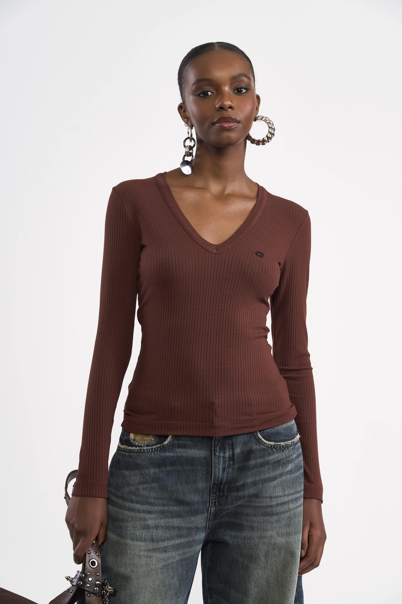 Blusa Manga Longa Canelada Decote V