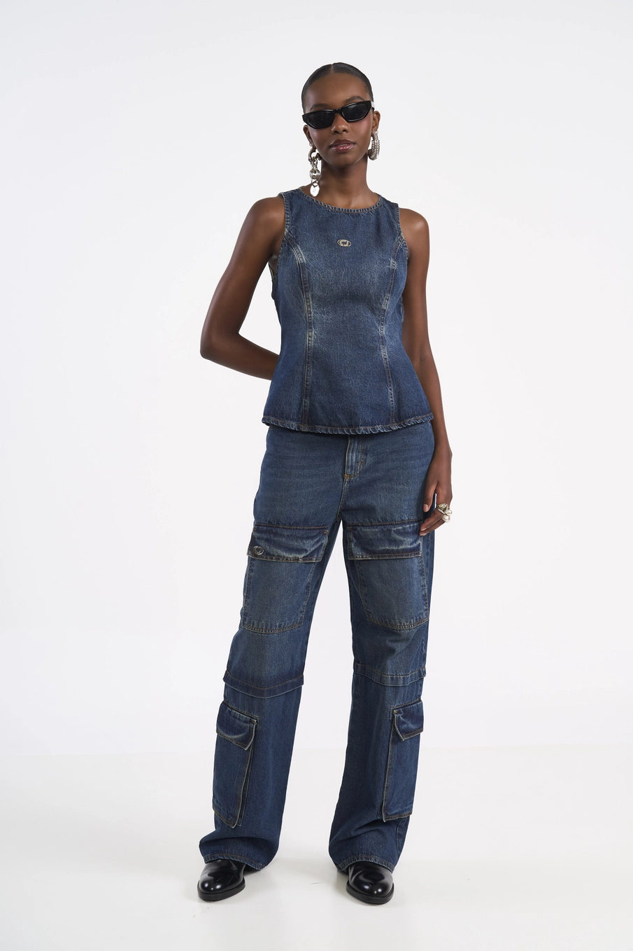 Blusa Jeans Peplum Open Back Índigo