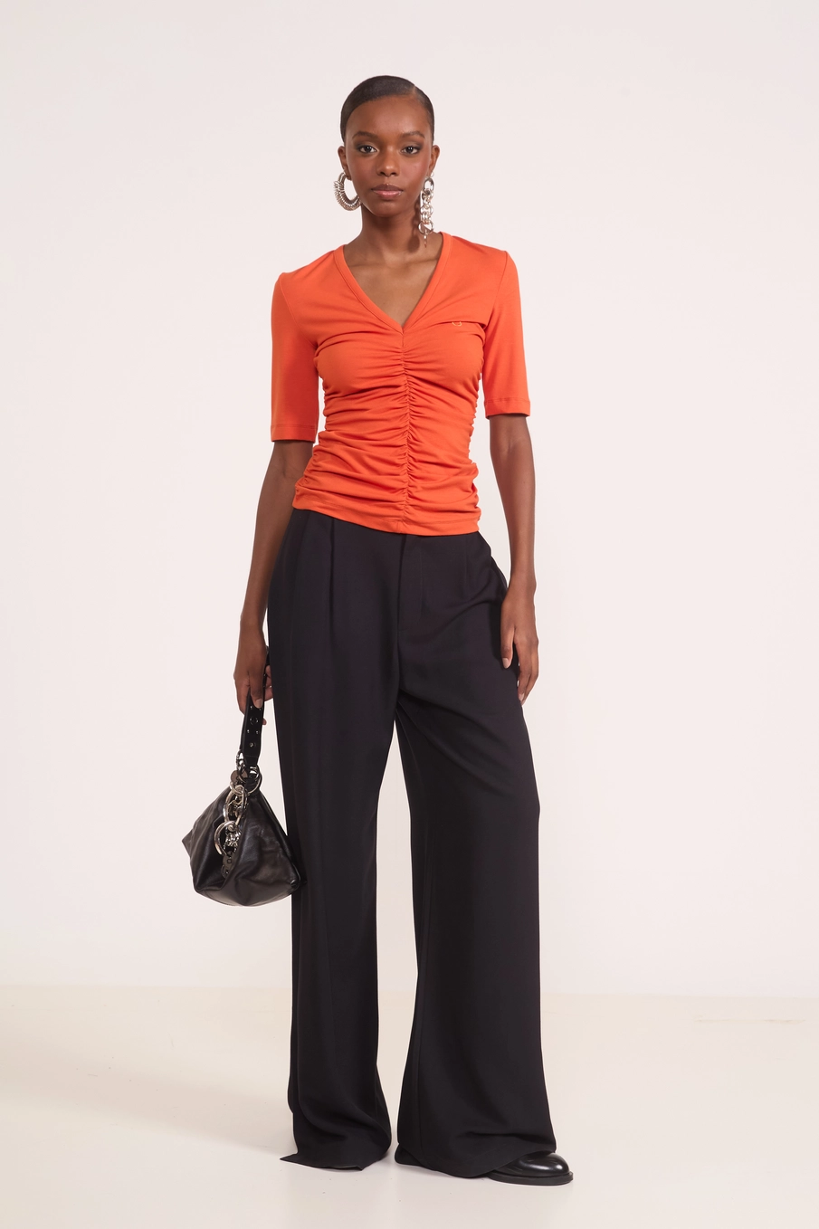 Blusa Ajustada Com Franzido Frontal Laranja