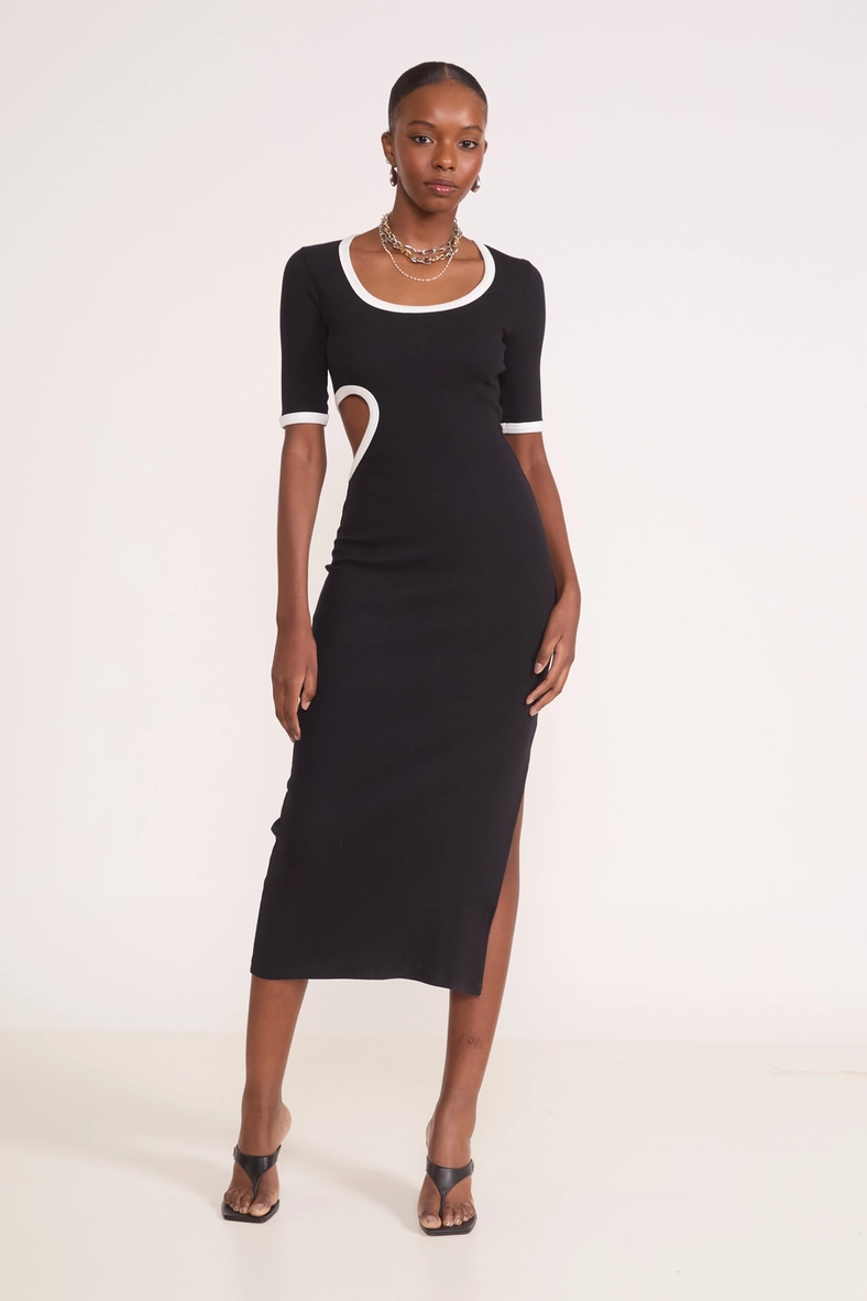 Vestido Midi Canelado Cut-out Bicolor