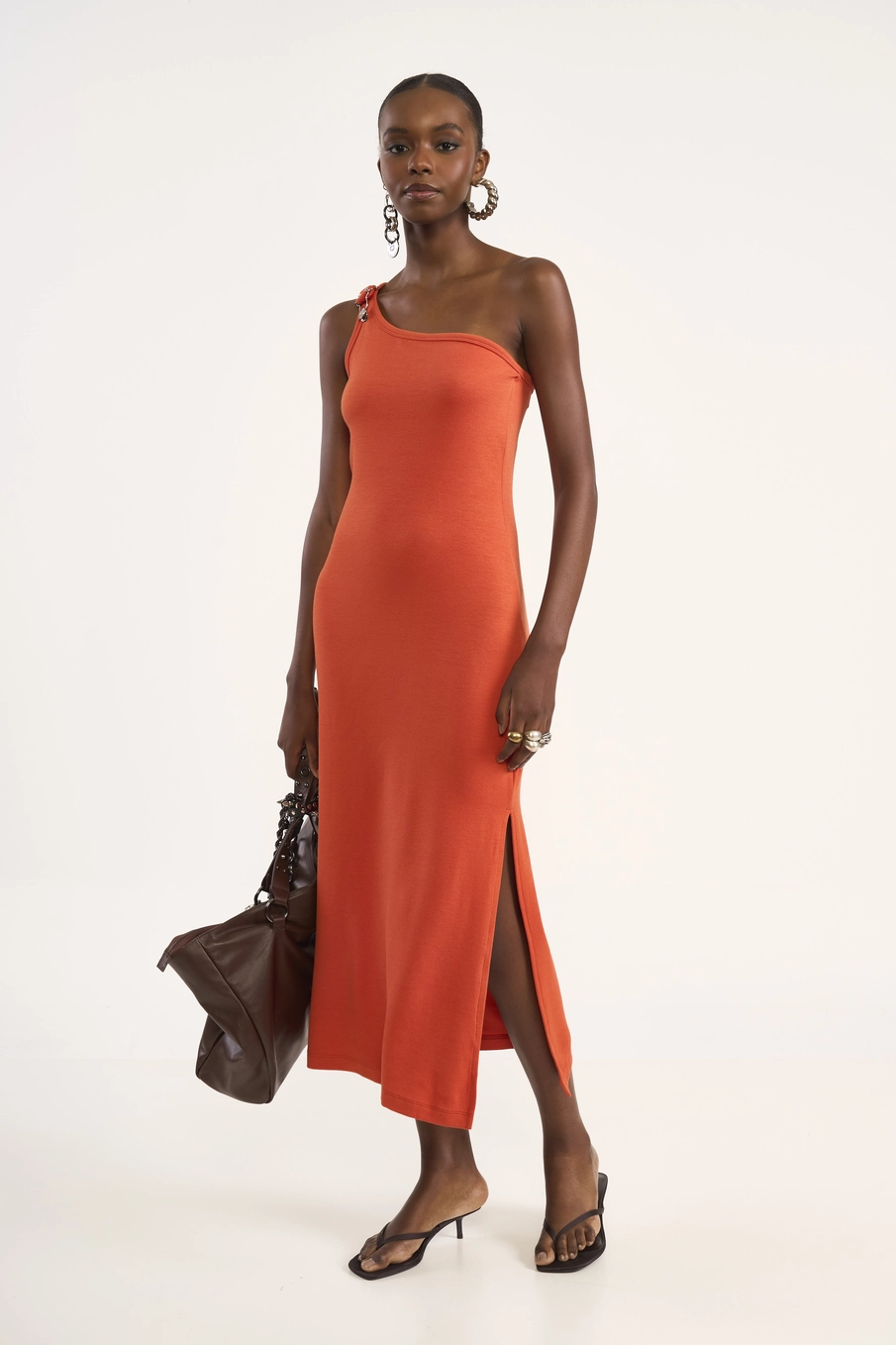 Vestido Midi Um Ombro Só Laranja