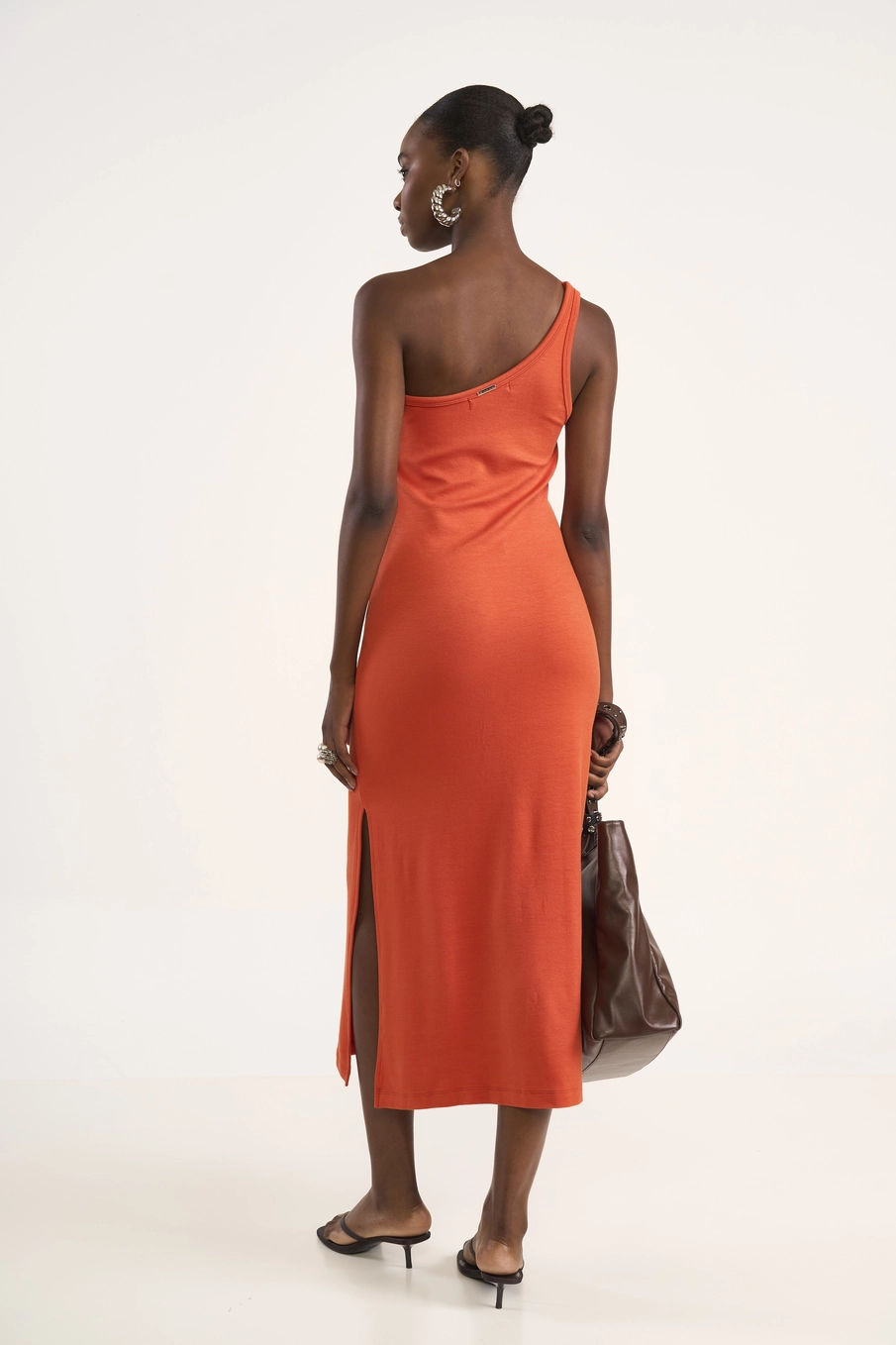 Vestido Midi Um Ombro Só Laranja