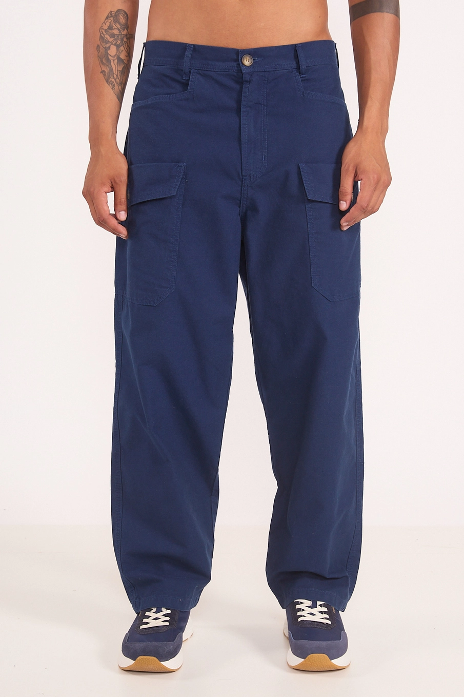 Calça Cargo Masculina Loose Em Sarja Azul