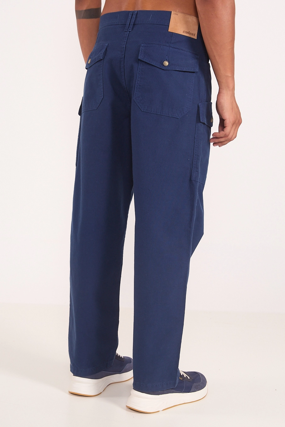 Calça Cargo Masculina Loose Em Sarja Azul