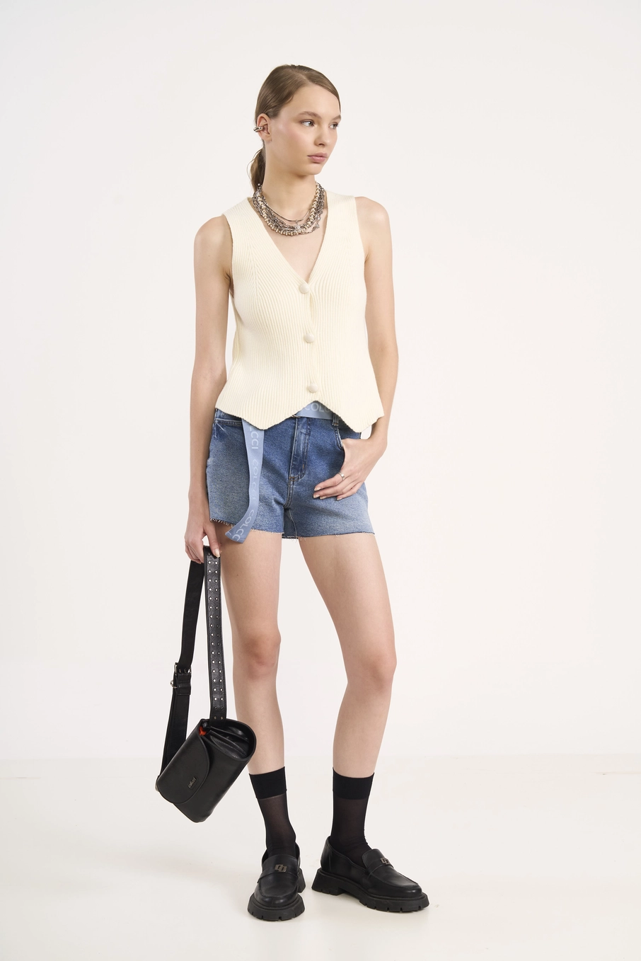 Short Jeans Cós Alto Com Cinto Índigo