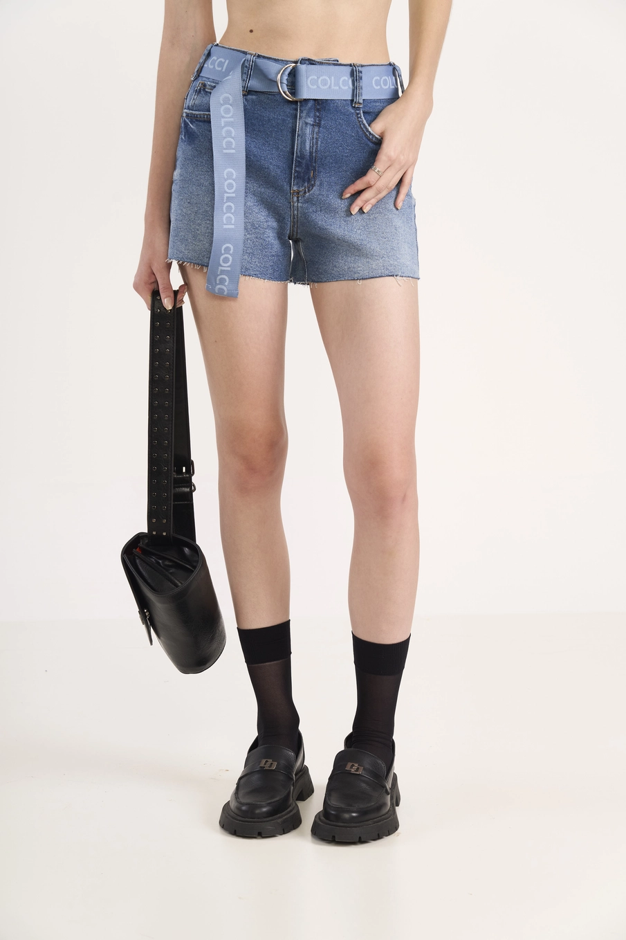 Short Jeans Cós Alto Com Cinto Índigo