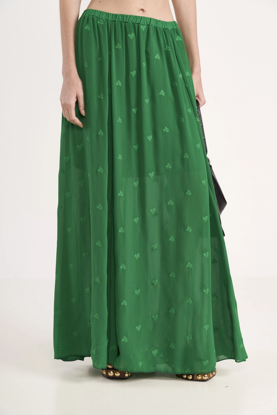 Saia Longa Fluida Com Bordado Verde Vanity