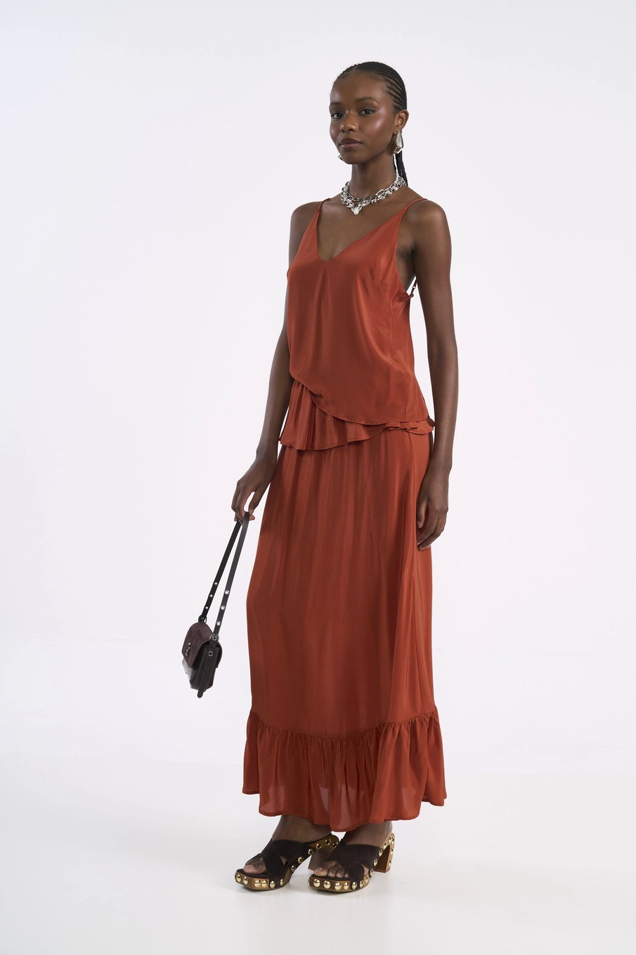 Saia Maxi Camadas Nostalgic Em Viscose Marrom