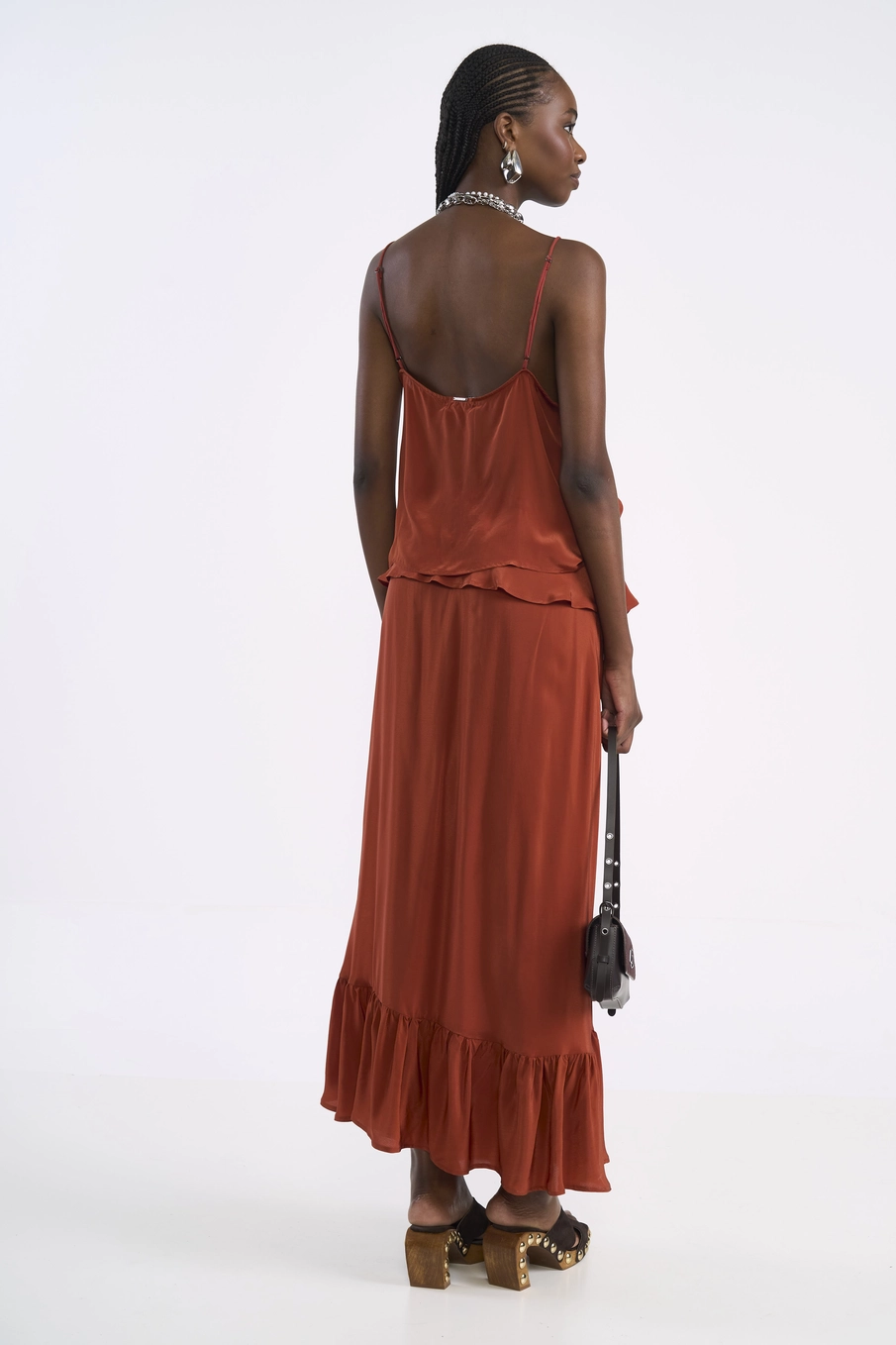 Saia Maxi Camadas Nostalgic Em Viscose Marrom