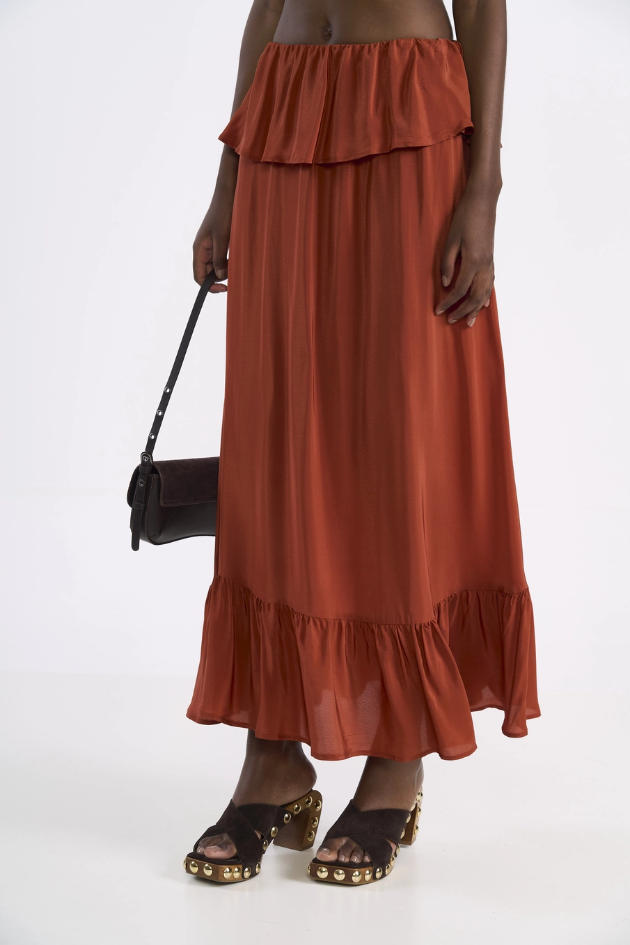 Saia Maxi Camadas Nostalgic Em Viscose Marrom