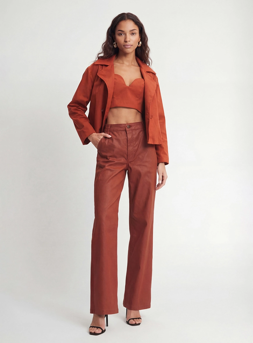 Calça Sarja Feminina Reta Slim Resinada Laranja 1
