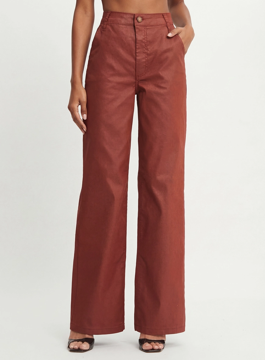 Calça Sarja Feminina Reta Slim Resinada Laranja 2