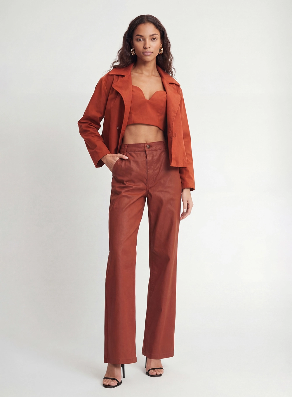 Calça Sarja Feminina Reta Slim Resinada Laranja 1