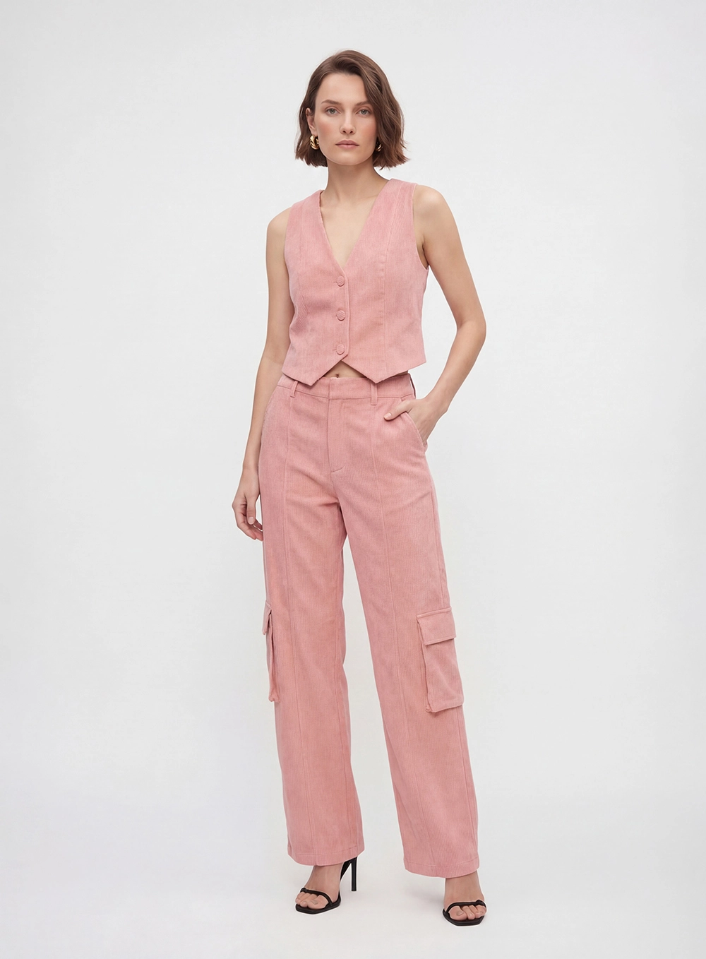 Calça Alfaiataria Feminina Baggy Veludo Rosa 1