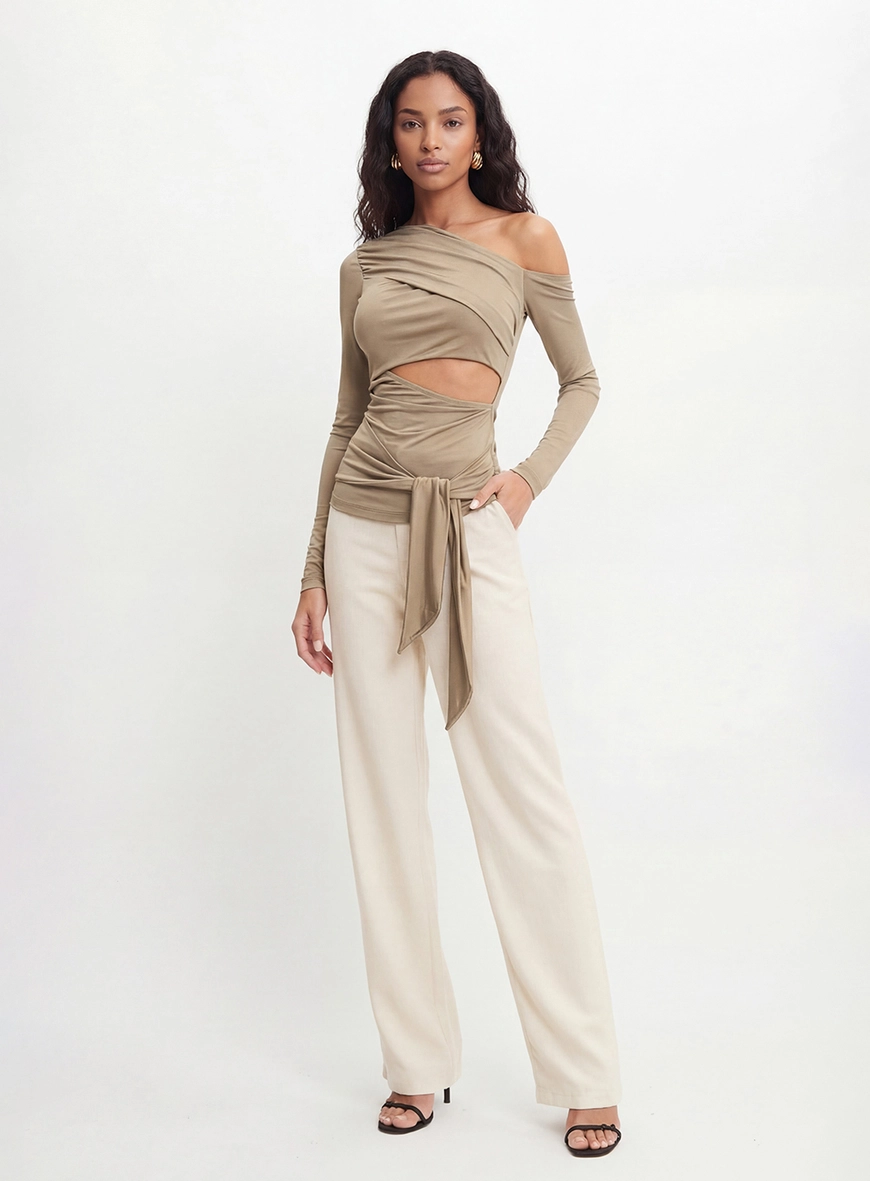 Blusa Slim Transpassada Manga Longa Bege 3