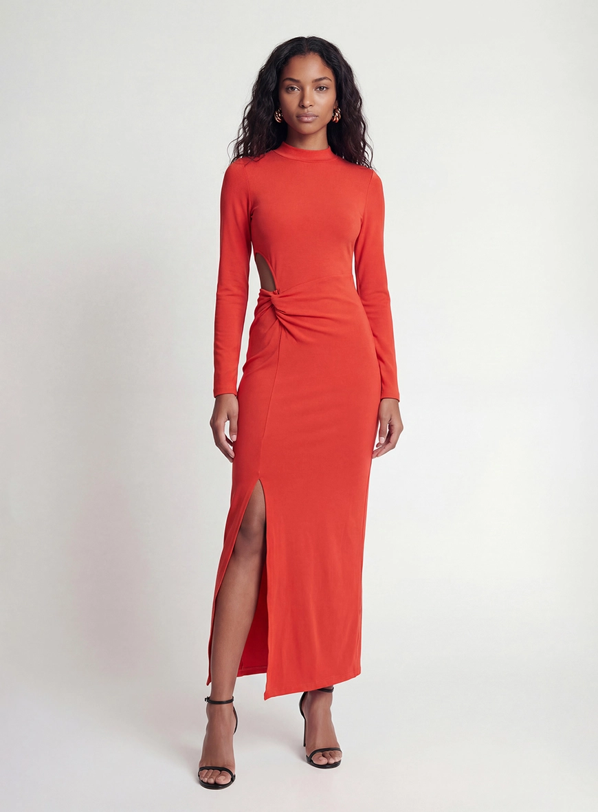 Vestido Longo Slim Manga Longa Com Fenda Vermelho 1