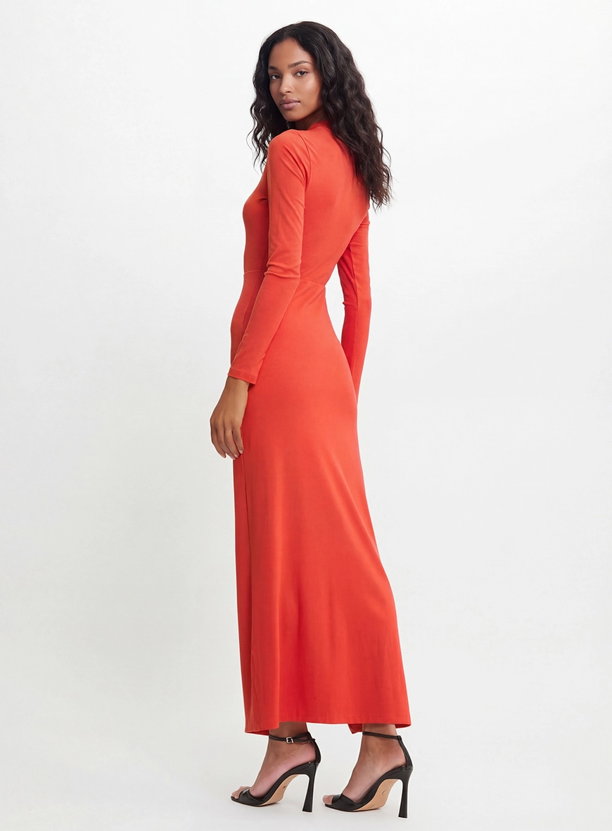 Vestido Longo Slim Manga Longa Com Fenda Vermelho 2