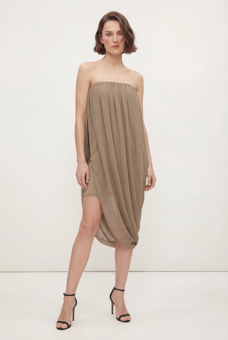 Vestido Midi Assimétrico Com Sobreposição Balonê Bege 3