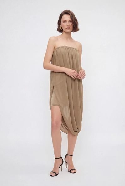 Vestido Midi Assimétrico Com Sobreposição Balonê