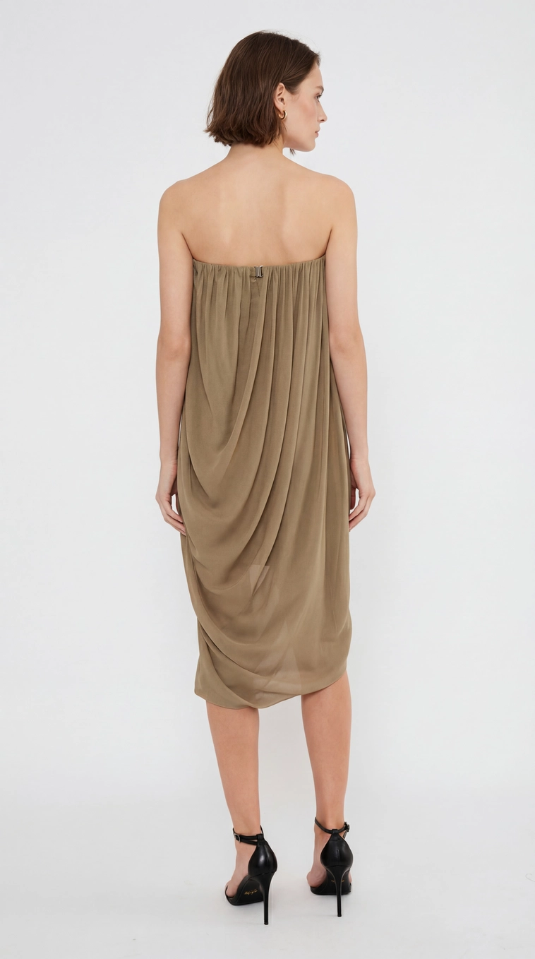 Vestido Midi Assimétrico Com Sobreposição Balonê Bege 2