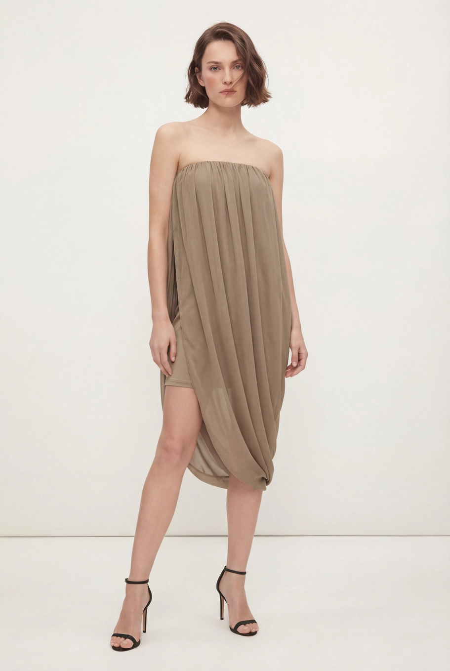 Vestido Midi Assimétrico Com Sobreposição Balonê Bege 3